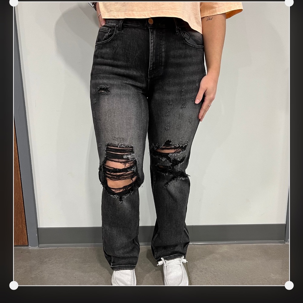 Black Straight Leg Distressed Jeans